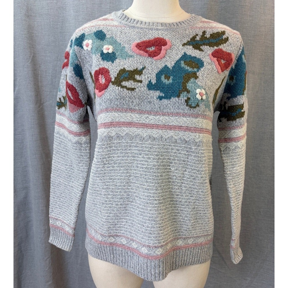 NWT Sundance Floral Wool Blend Sweater XS Gray Pink Crewneck Knit Pullover